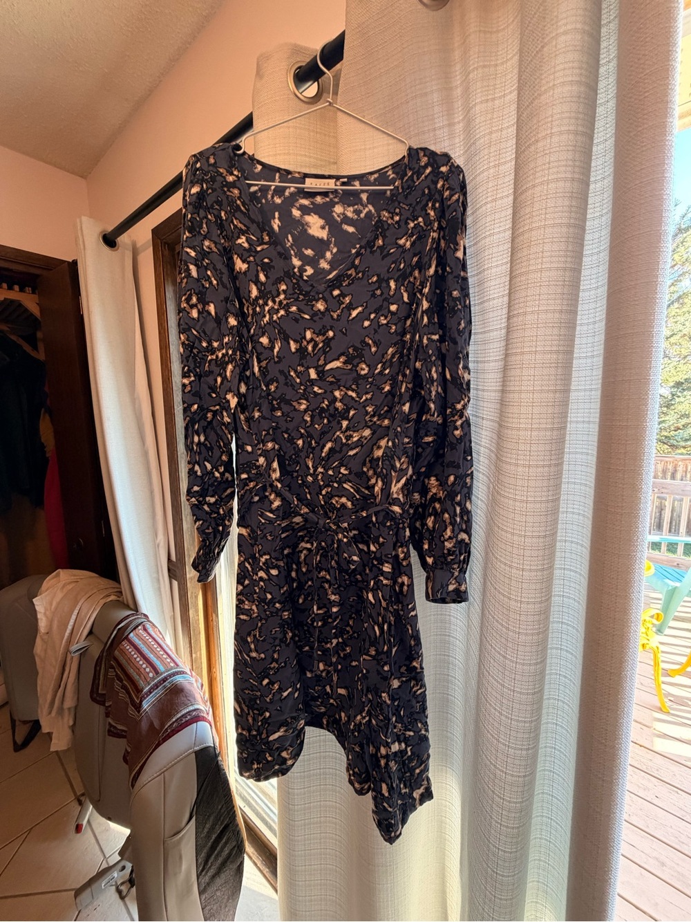 Abstract Print Navy Long-Sleeve Tie-Waist Dress